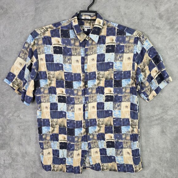 Mens Via Veneto Beige & Blue Geometric Rayon Shirt Button Up Short Sleeve Size L - Picture 2 of 7